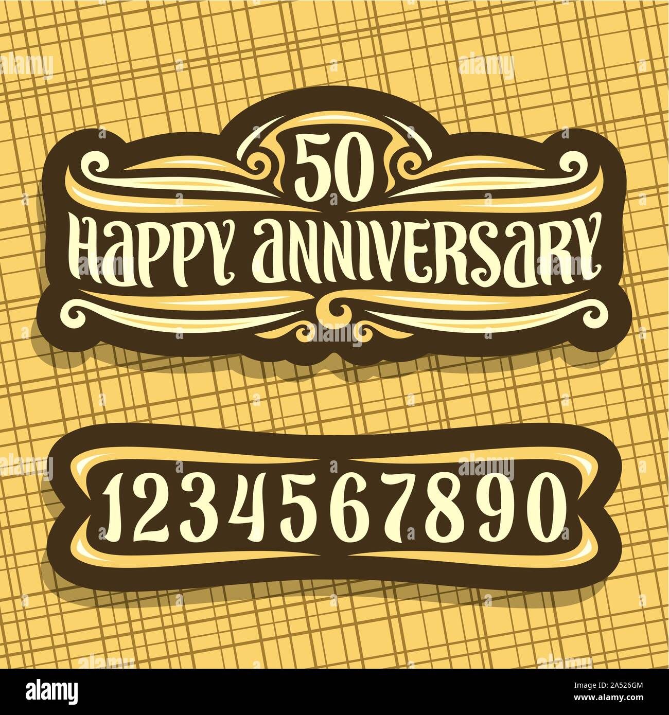Il logo del vettore per l'anniversario, scuro vintage segno con il numero 50 e testo per celebrare la data, spazzola originale carattere tipografico per parole felice anniversario, Illustrazione Vettoriale