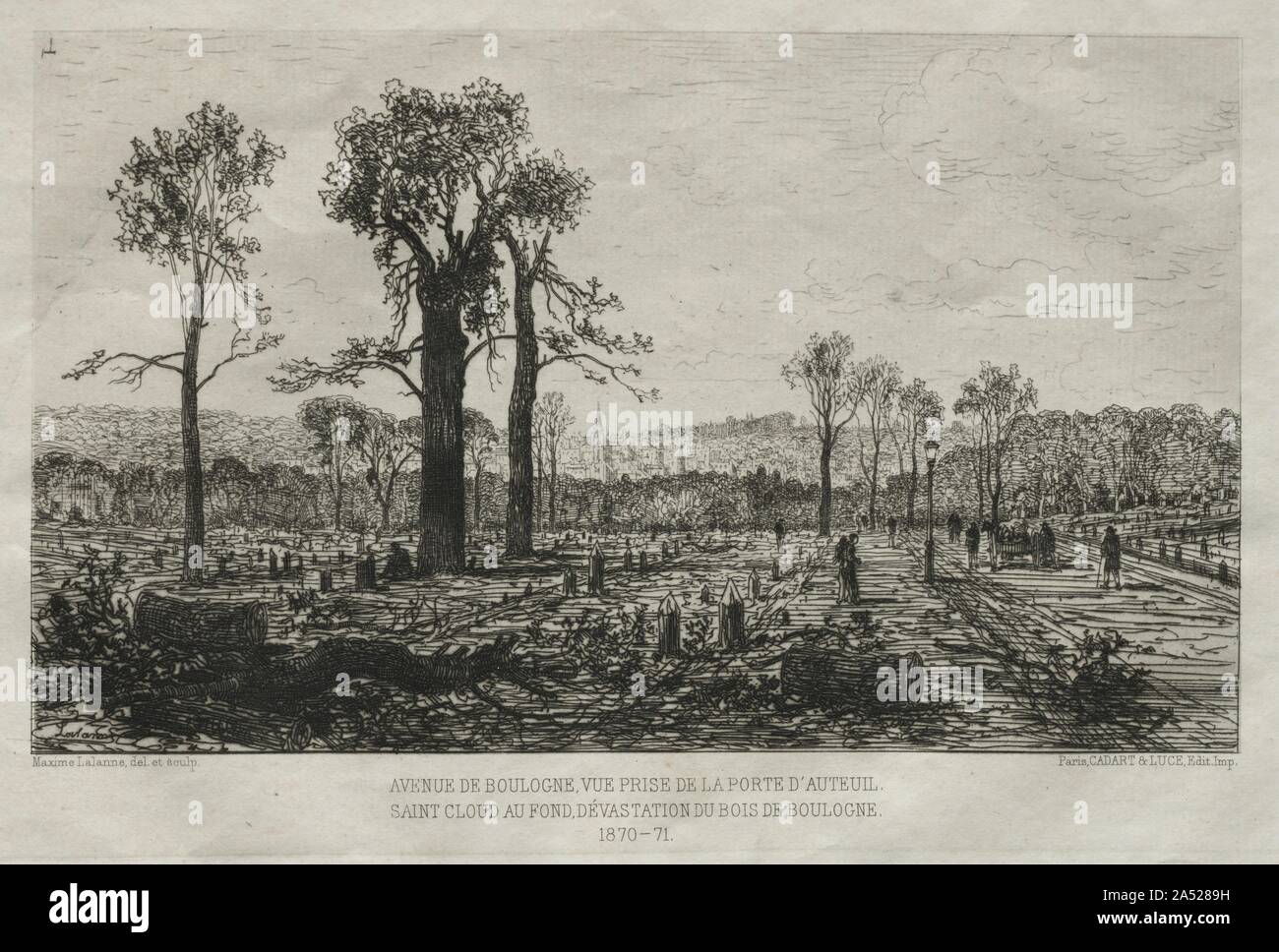 Negozio di souvenir artistiques du Siége du Paris: Avenue de Boulogne, Vue prise de la porte dAuteuil, St. Cloud au fond, Dévastation du Bois de Boulogne, 1879-81. Foto Stock