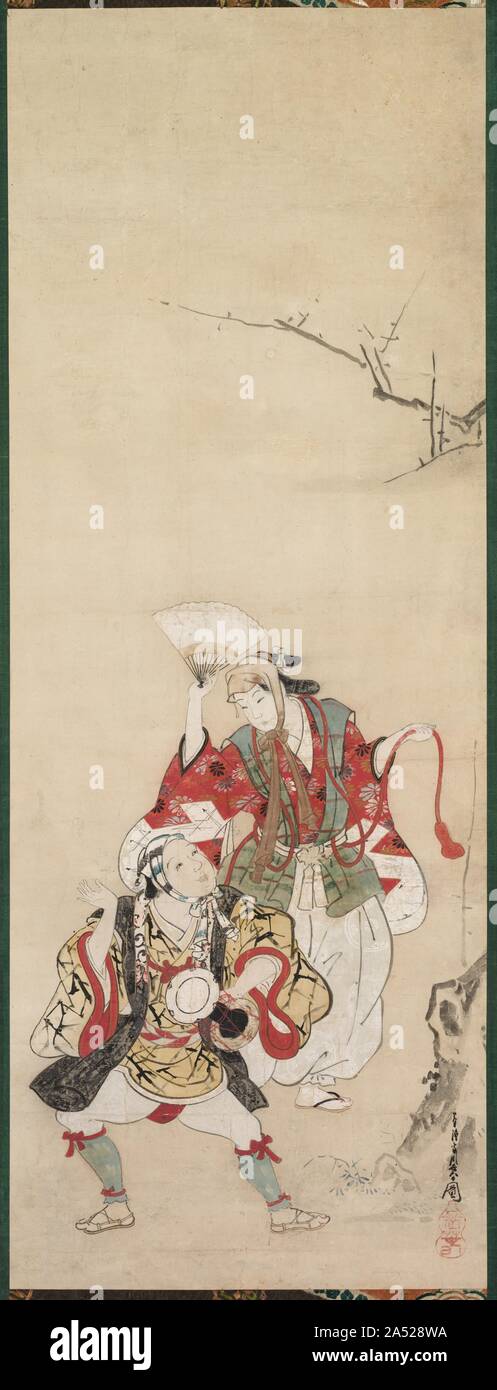 La molla ballerini (Manzai), XVIII secolo. Manzai è il termine giapponese per il fumetto errante ballerini. Il dipinto raffigura uno dei tradizionali piaceri della stagione primaverile. Foto Stock
