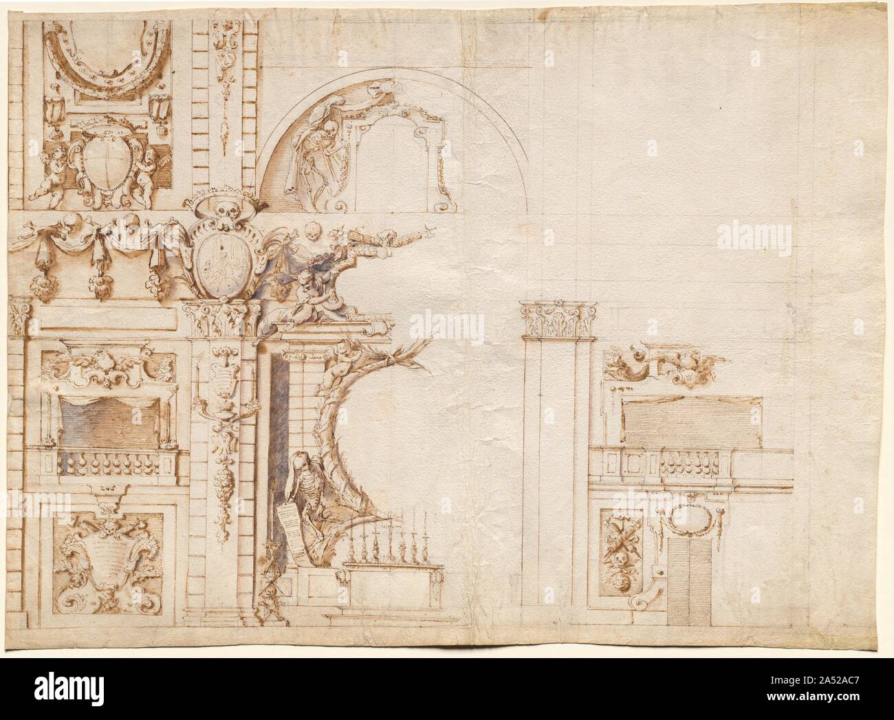 Studio per la Essequie condotta in San Lorenzo a Firenze nel 1637 in onore del Sacro Romano Imperatore Ferdinando II, 1637. Alfonso Parigi è stato il funzionario architetto di corte per i Medici, presa in consegna dopo la morte di suo padre, il grande ingegnere, architetto e designer Giulio Parigi. A testimonianza di Medici ha interesse a coltivare una cultura di macabro, questo foglio è un elaborato studio per la essequie (dei riti funerari) per il Sacro Romano Imperatore Ferdinando II. Teschi e scheletri comingle con angeli e ghirlande e drappeggi nero sarebbe stato appeso per trasformare la chiesa in una SAN Foto Stock