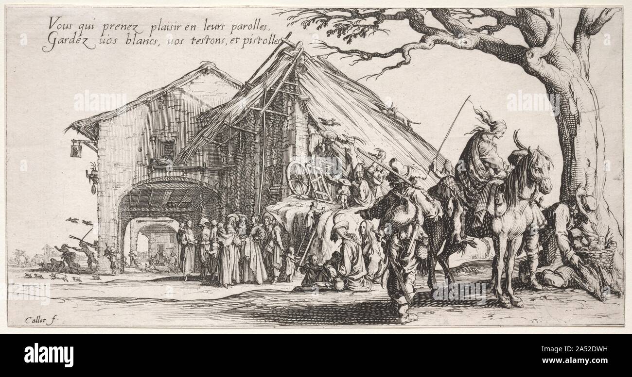Il bohémien: il luogo di sosta: Fortune Teller, c. 1621-1625. Jacques Callot, una magistrale disegnatore, trascorse la maggior parte della sua vita presso le corti ducali di Toscana e Lorena, dove ha prodotto stampe a registrare le feste e spettacoli teatrali. Egli ha anche eseguito soggetti religiosi e scene che riflettono molti aspetti della vita quotidiana guerra inclusa, pervasive in Europa del XVII secolo. Quando si ritorna in Francia dall' Italia, Callot vide probabilmente bande di sradicate gli uomini, le donne e i bambini una visione comune-che divenne il soggetto del bohémien. Egli ha ideato questi quattro stampe come una lunga fr Foto Stock Il bohémien: il luogo di sosta: Fortune Teller, c. 1621-1625. Jacques Callot, una magistrale disegnatore, trascorse la maggior parte della sua vita presso le corti ducali di Toscana e Lorena, dove ha prodotto stampe a registrare le feste e spettacoli teatrali. Egli ha anche eseguito soggetti religiosi e scene che riflettono molti aspetti della vita quotidiana guerra inclusa, pervasive in Europa del XVII secolo. Quando si ritorna in Francia dall' Italia, Callot vide probabilmente bande di sradicate gli uomini, le donne e i bambini una visione comune-che divenne il soggetto del bohémien. Egli ha ideato questi quattro stampe come una lunga fr Foto Stock