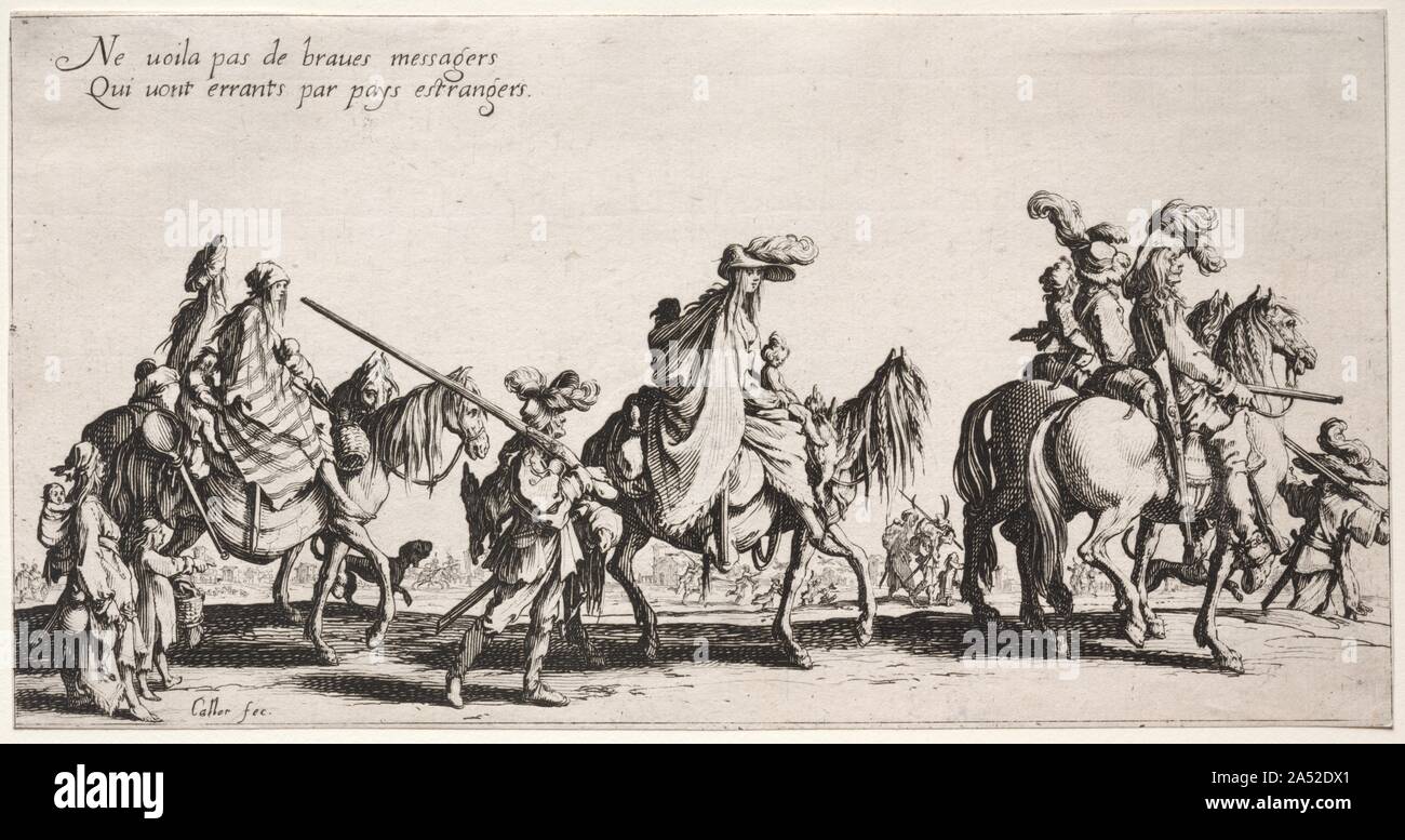Il bohémien: Il bohemienne Marching: l'Avanguardia, c. 1621-1625. Jacques Callot, una magistrale disegnatore, trascorse la maggior parte della sua vita presso le corti ducali di Toscana e Lorena, dove ha prodotto stampe a registrare le feste e spettacoli teatrali. Egli ha anche eseguito soggetti religiosi e scene che riflettono molti aspetti della vita quotidiana guerra inclusa, pervasive in Europa del XVII secolo. Quando si ritorna in Francia dall' Italia, Callot vide probabilmente bande di sradicate uomini, donne e bambini—una visione comune—che divenne oggetto della boemi . Egli ha ideato questi quattro stampare Foto Stock Il bohémien: Il bohemienne Marching: l'Avanguardia, c. 1621-1625. Jacques Callot, una magistrale disegnatore, trascorse la maggior parte della sua vita presso le corti ducali di Toscana e Lorena, dove ha prodotto stampe a registrare le feste e spettacoli teatrali. Egli ha anche eseguito soggetti religiosi e scene che riflettono molti aspetti della vita quotidiana guerra inclusa, pervasive in Europa del XVII secolo. Quando si ritorna in Francia dall' Italia, Callot vide probabilmente bande di sradicate uomini, donne e bambini—una visione comune—che divenne oggetto della boemi . Egli ha ideato questi quattro stampare Foto Stock