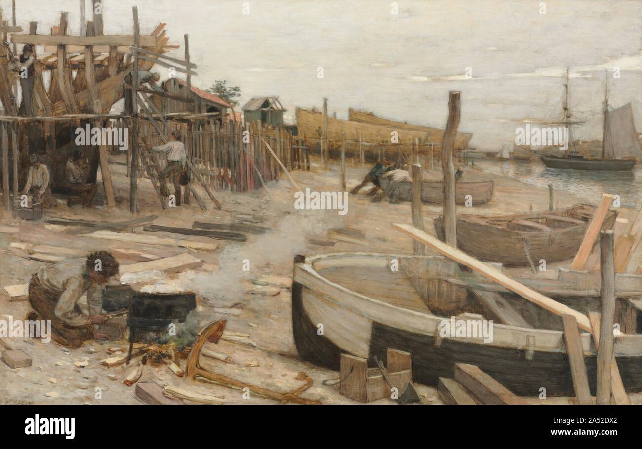 Il cantiere, c. 1875. Cazin presentavano questo dipinto al Salone di Parigi del 1876, segnando l'inizio della sua carriera ufficiale. Esso raffigura un cantiere di l'artista nativo di Boulogne, una città portuale sul Canale Inglese. Il giovane uomo in primo piano è di catrame di fusione in corrispondenza di un fuoco fumoso, mentre gli uomini lavorano su una barca appena al di sopra di lui. Cazin era associato con il movimento realista durante i suoi primi anni e successivamente con gli impressionisti. Foto Stock