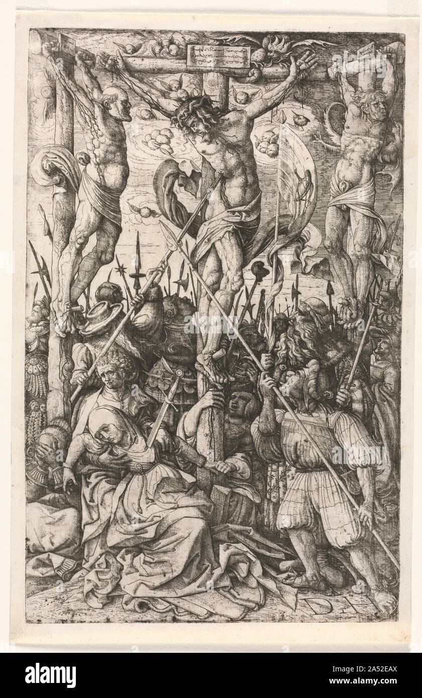 Il calvario, c. 1520. Sebbene le ricette per attaccare il ferro e acciaio sono registrate almeno come presto come 1400, gli studiosi hanno potuto dimostrare che armor disegni sono stati attaccati in Italia o in Germania prima della fine del XV secolo. Come presto come 1500 piastre di ferro sono stati anche utilizzati per realizzare stampe, probabilmente prima ad Augsburg, in Germania, nella bottega di Daniel Hopfer. Attacco permette all'artista di disegnare liberamente sulla piastra e così è meno faticoso di incisione. A causa dell'acido quindi disponibili, solo ferro o piastre di acciaio potrebbe essere utilizzato e questi arrugginiti. Per questo motivo solo un piccolo numero di incisioni sono state Foto Stock