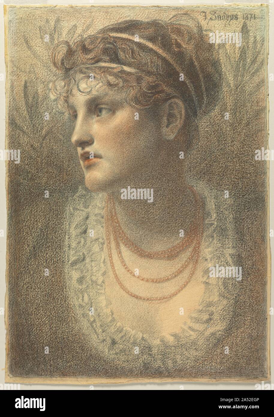 La Collana di corallo, 1871. Strettamente associato con la Fratellanza Pre-Raphaelite, Sandys era un amico di Dante Gabriel Rossetti e ha svolto un ruolo attivo nella bohemian artistico, letterario e teatrale di circoli di giorno a Londra. Questo è un ritratto di Maria Emma Jones, l'artista&#x2019;s modello preferito, maestra e madre dei suoi nove figli. Un straordinariamente abile disegnatore tecnico, qui ha lavorato in tono piuttosto che la linea, delicatamente disegno in gesso su una superficie ruvida foglio e lasciando i punti bassi della carta intatte per produrre un, puntinata effetto nebuloso. Mentre Jones&#x2019;s faccia è Foto Stock