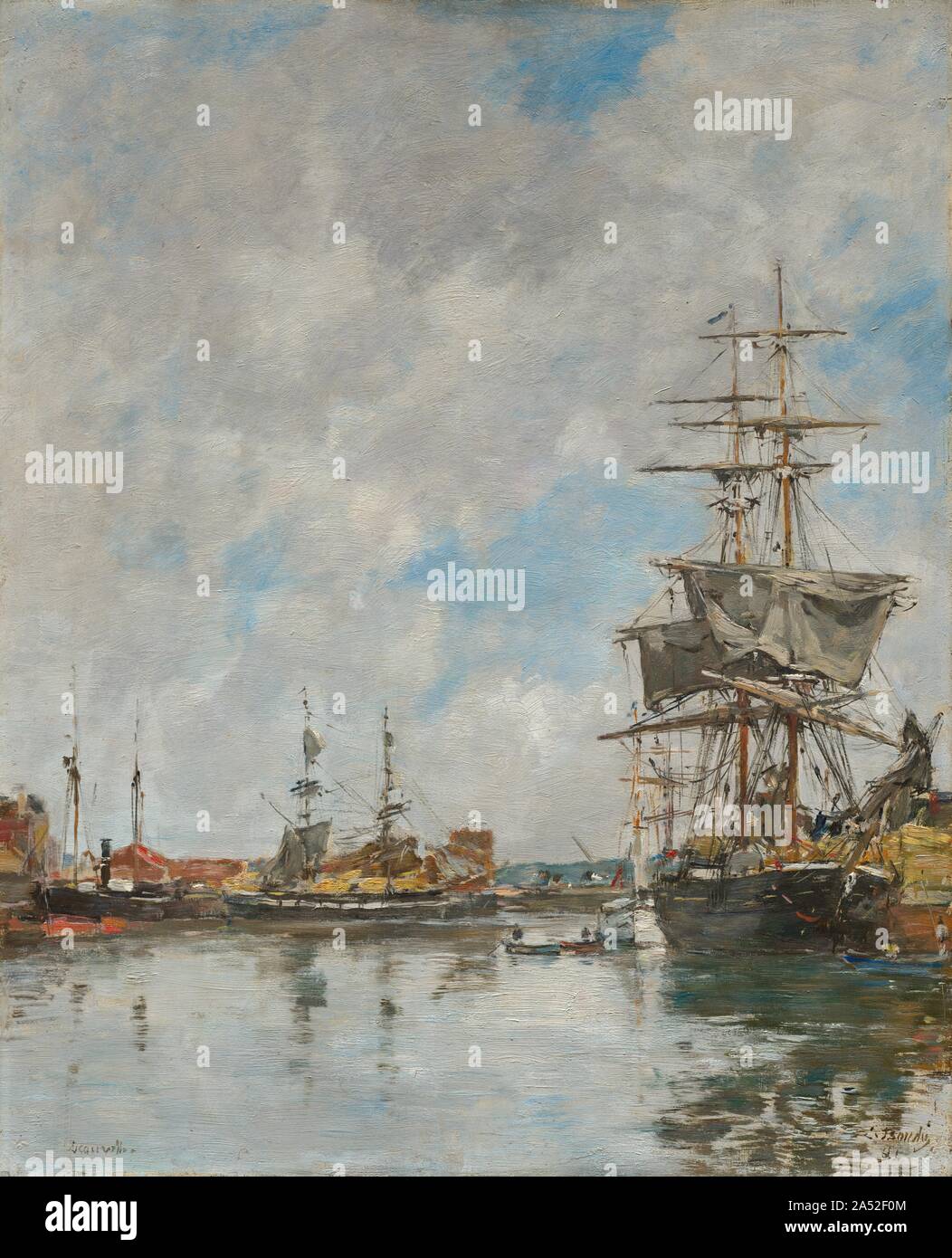 Il dock di Deauville, 1891. Questo dipinto tratta un tema comune in Boudin maturo dell arte, delle navi nel porto. Boudin tipicamente non raffigurano la trafficata vita commerciale o le attività umane legate alle navi; piuttosto, egli sembrava sempre di adoperarsi per una generale atmosfera di calma, armonia e luce. Sebbene Boudin la pennellata era piuttosto abbozzato in questo momento, egli era ancora in grado di suggerire il complesso vele e strutture di navi di grandi dimensioni. Qui ha sfregato toni chiari circa le navi a montanti, spesso la sovrapposizione di linee scure del legno e manovre con bianco o toni di grigio come se per evocare il passare il vento e il cambio delle marce Foto Stock