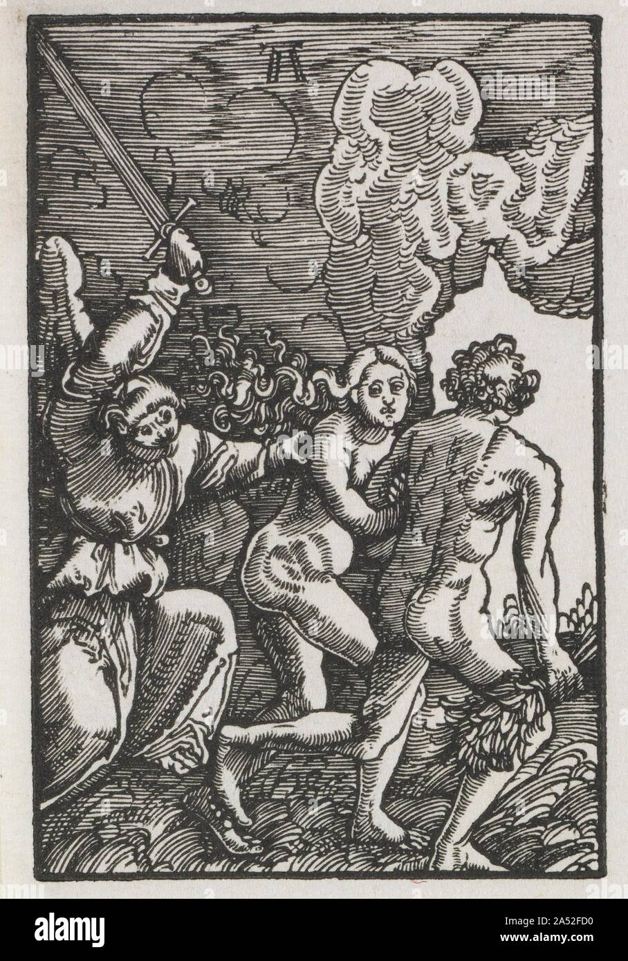 La caduta e la redenzione dell'uomo: la cacciata da Eden, c. 1515. Questi otto xilografie provengono da una serie di quaranta che illustrano la storia della redenzione cristiana dal peccato originale al Giudizio finale. Probabilmente per massimizzare l'efficienza di stampa e qualità, otto tavolette di legno sono stati stampati su ciascuno dei cinque fogli di carta ma i soggetti non sono in ordine cronologico corretto. Prima della vendita, i fogli sono stati tagliati in otto pezzi. I fogli nel museo della serie sono state solo tagliati a metà e la conservazione di quattro stampe per pagina. I numeri dopo i titoli delle singole immagini indicano ogni scena' Foto Stock