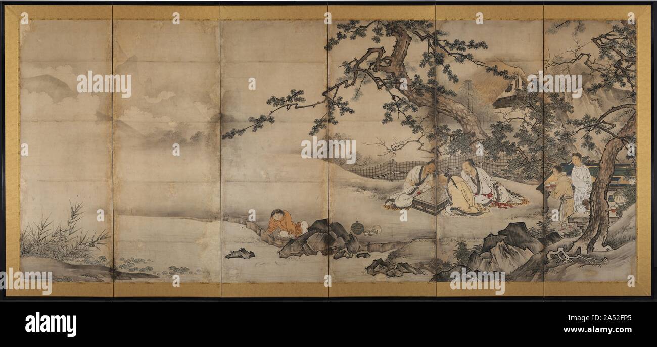 I quattro successi, tardi 1500s. In un primo momento questa scena sembra un po' strano, se non bizzarro: uomini, giovani e vecchi, sedersi in un vasto deserto per la riproduzione di un gioco da tavolo o esecuzione di una pittura di inchiostro. Il mobilio e articoli sanitari in ceramica sono eleganti, l'abbigliamento è elegantemente informale, e i giovani operatori superano numericamente i signori del tempo libero. Le nuvole e la nebbia rullo attraverso il paesaggio, la cui bleakness suggerisce di tardo autunno o primavera, una fredda del tempo per essere all'esterno impegnato in ciò che gli occidentali avrebbe chiamata passatempo o hobby. Ma ci sono la visualizzazione del passato, una visione pittorica di un colto gentiluomo’s Foto Stock