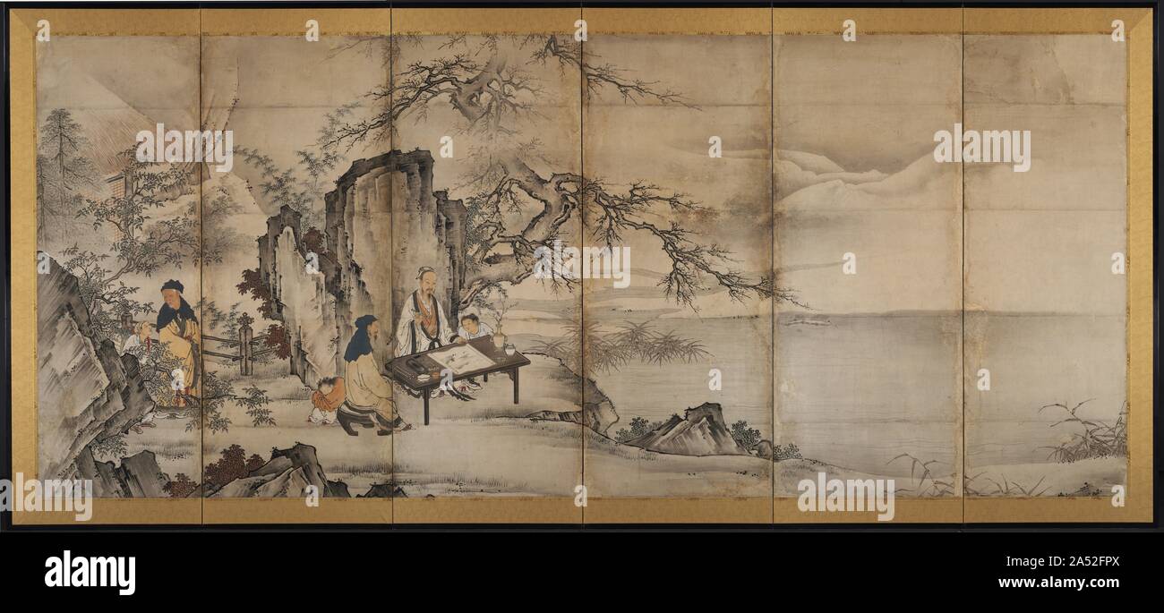 I quattro successi, tardi 1500s. In un primo momento questa scena sembra un po' strano, se non bizzarro: uomini, giovani e vecchi, sedersi in un vasto deserto per la riproduzione di un gioco da tavolo o esecuzione di una pittura di inchiostro. Il mobilio e articoli sanitari in ceramica sono eleganti, l'abbigliamento è elegantemente informale, e i giovani operatori superano numericamente i signori del tempo libero. Le nuvole e la nebbia rullo attraverso il paesaggio, la cui bleakness suggerisce di tardo autunno o primavera, una fredda del tempo per essere all'esterno impegnato in ciò che gli occidentali avrebbe chiamata passatempo o hobby. Ma ci sono la visualizzazione del passato, una visione pittorica di un colto gentiluomo’s Foto Stock