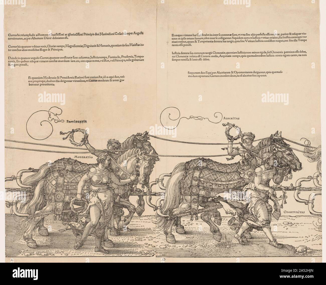 Il Grande Carro trionfale dell'Imperatore Massimiliano, 1523. D&#xfc;rer concepito questo fantastico carro come parte di una più ampia commissione per raffigurare Sacro Romano Imperatore Massimiliano I (regnò 1486-1519) in un corteo trionfale. Il righello è seduto in trono nel sontuoso auto, come vittoria detiene una corona di alloro sopra la sua corona imperiale. La sua selvaggina di penna ali elenco Massimiliano&#x2019;s campagne militari. Quasi ogni componente del Corteo Allegorico&#x2014;dall'entourage di assistenti femminili per le ghirlande di alloro&#x2014;ha un etichetta di Latina descrivendo onorevoli doti di un principe ideale. La macchina rotoli su Foto Stock