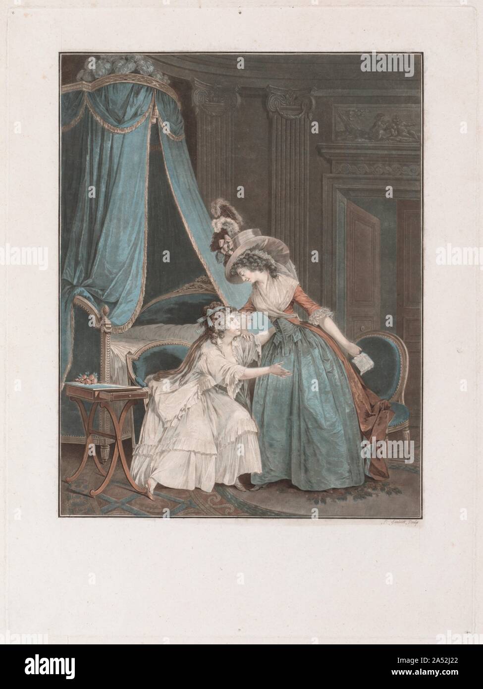 L'indiscrezione, 1788. L'indiscrezione è da una suite di tre scene di donne che condividono i segreti nella privacy delle loro boudoirs. La donna che indossa un cappello decadente ha preso un amore lettera della ragazza in bianco, che intercede con il suo vecchio compagno di dare indietro. Janinet raffinati strumenti usati in Chalk-modo incisione per creare wash-modo acqueforti e incisioni che imitare gli acquarelli opaco, come l'Amante&#x2019;s visita e la sorpresa innamorati su vista nelle vicinanze. Foto Stock