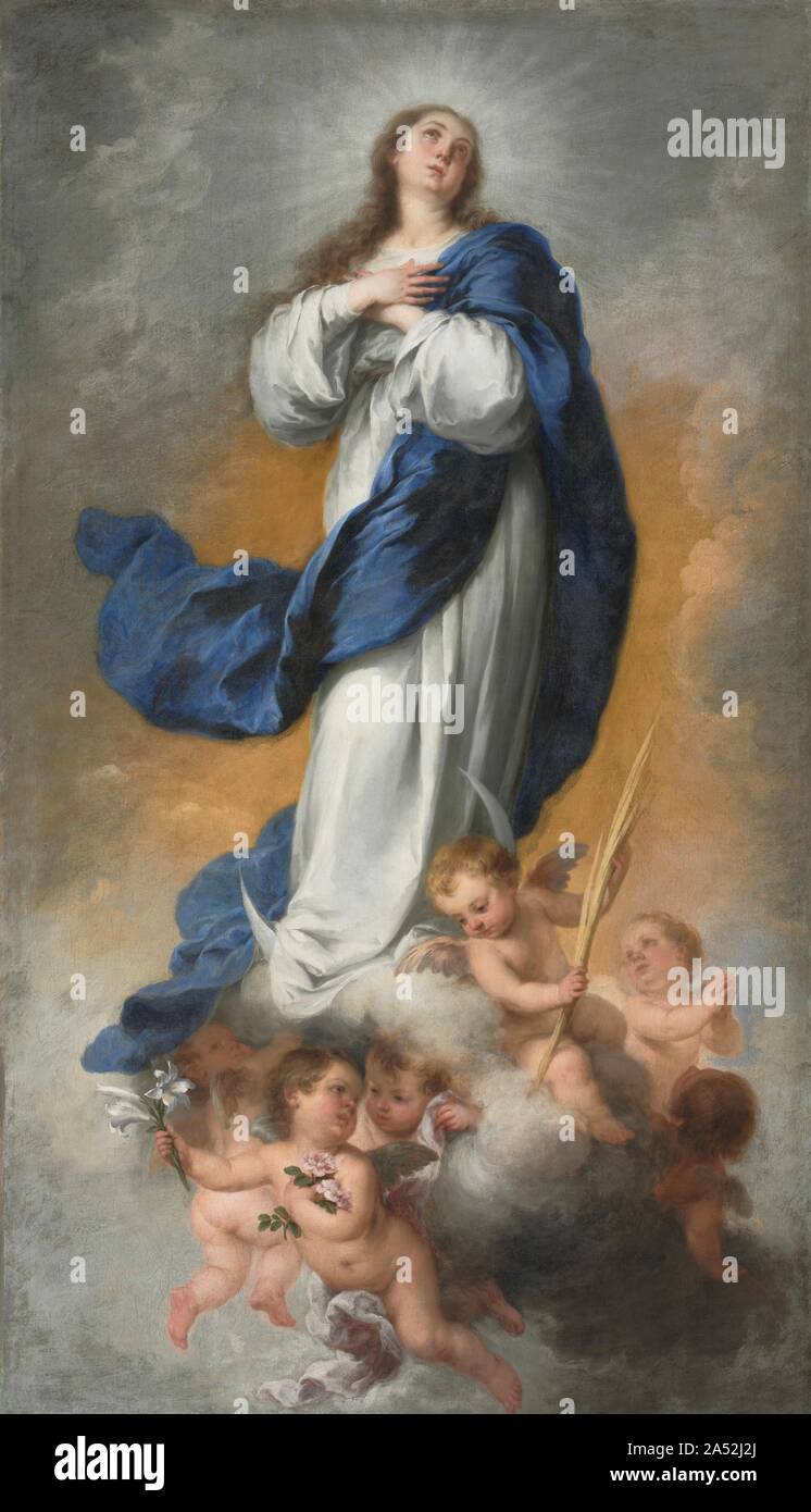 L'Immacolata Concezione, c. 1680. La dottrina della Immacolata Concezione sostiene che la Vergine Maria è stata concepita senza il peccato perciò pronto per essere il vaso puro per Cristo&#x2019;s la nascita. L Immacolata Concezione goduto di intensa devozione in Spagna durante il 1600s, sebbene sia stata accettata solo come dottrina ufficiale nel 1860s. Il soggetto astratto artisti necessari per sviluppare immagini appropriate. La luna crescente, per esempio, proviene dal Nuovo Testamento visione di San Giovanni Evangelista (Apocalisse 12:1) "una donna vestita di sole con la luna sotto i suoi piedi.& Foto Stock