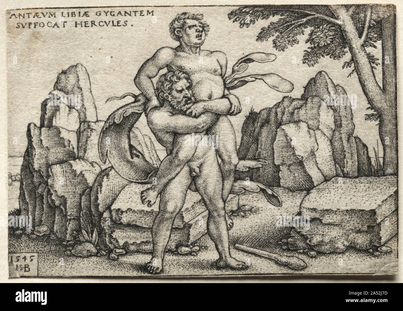 Le Fatiche di Ercole: Hercules la frantumazione di Anteo, 1545. Il gigante Anteo era invincibile fintanto che egli ha toccato la terra che gli ha dato la sua schiacciante forza. In questa scena, Hercules sapientemente heaves Antaeus dal suolo per indebolire e schiacciare lui. Questo racconto è stato particolarmente popolare durante il Rinascimento, quando esso è stato percepito come un'allegoria della forza morale triumphiant su brame terrene. Beham era uno dei diversi tedesco printmakers di cui ad oggi come il "piccolo maestri." hanno istituito la loro abilità artistica per mezzo di incisione notevolmente piccole stampe e attraente per i collezionisti fa Foto Stock