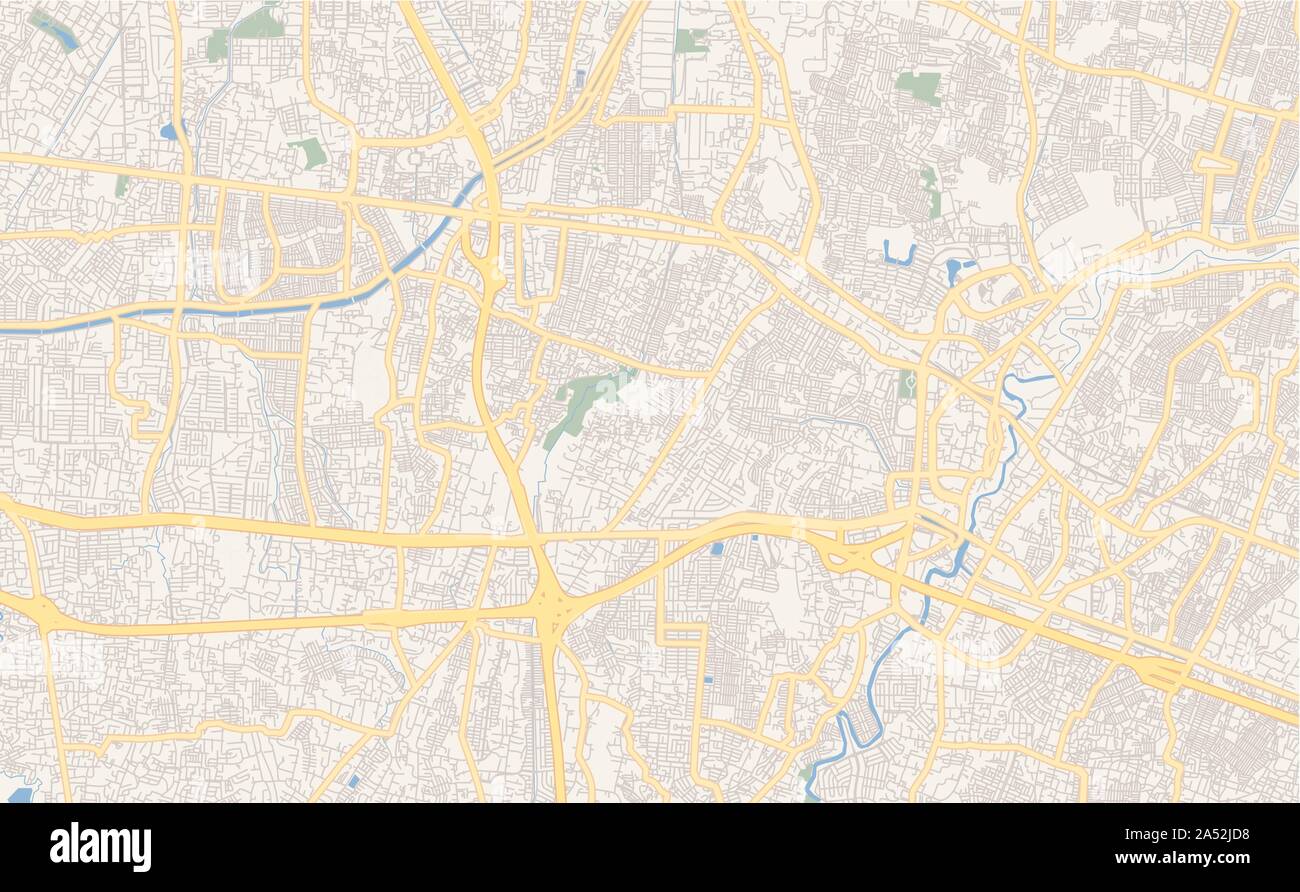Versione stampabile cartina stradale di Bekasi, nella provincia occidentale di Giava, in Indonesia. Mappa modello per uso aziendale. Illustrazione Vettoriale