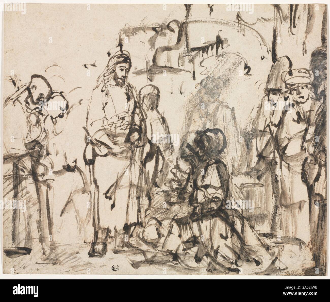 L'incontro di Cristo con Marta e Maria dopo la morte di Lazzaro, c. 1662-65. Gli studiosi ora considerare questo disegno una rara, fine lavori di Rembrandt. Qui incontra Cristo con Marta e Maria dopo la morte del loro fratello Lazzaro (Giovanni 11:30-36). Il composto la dignità del volto di Cristo e la sua calma compassione in contrasto con il prostrato la figura di Maria e il disegno agitato dell'inginocchiarsi Marta, le cui mani tese sono ripetute tre volte, suggerendo una frenetica espressività. Al di sopra di Marta, gouache bianco obliterates la figura di un uomo in piedi così come una prima versione di Martha's egli Foto Stock