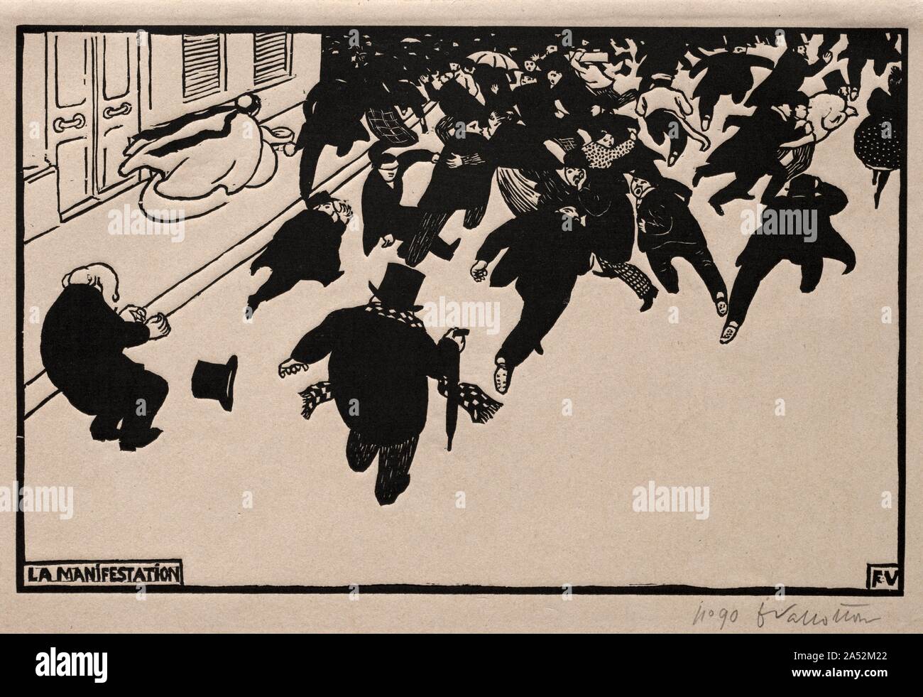 La protesta, 1893. Ispirato da lo spazio in piano, prospettiva ribaltata e uso di pattern in giapponese xilografie a colori, Vallotton sfruttando il contrasto della ricca inchiostro nero e il bianco della carta per un'immagine dinamica di una massa di figure oscillazioni in avanti come la polizia rompere una manifestazione politica. Vallatton spesso incentrati su temi sociali, specialmente durante il 1890s quando street tumulti erano comuni a Parigi. Il blankness dell'angolo inferiore destro della stampa completamente di un terzo della sua area superficiale è un audace e concetto originale. Come una folla terrificata giunchi lontano dall'autorità, Vallotton Foto Stock