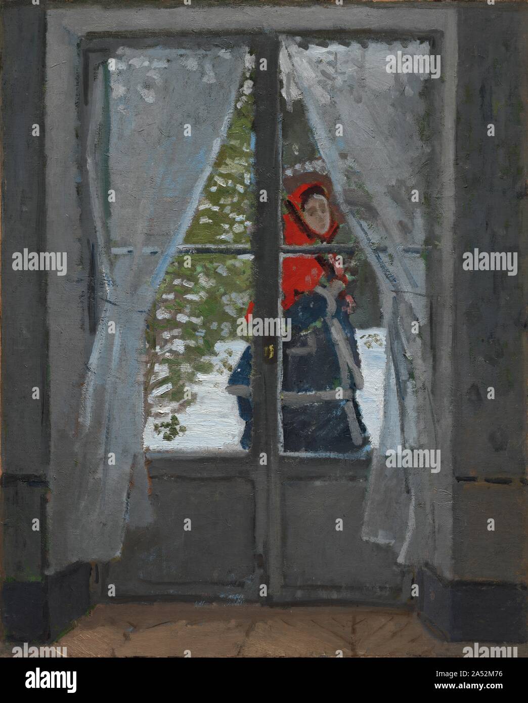 Il fazzoletto rosso, c. 1868-73. Nelle sue prime fasi, questa composizione conteneva due figure insediato all'interno della camera su entrambi i lati della finestra. Monet radicalmente modificato la composizione mediante verniciatura oltre le figure. Essi sono stati sostituiti da un'immagine dell'artista modello preferito---la moglie Camille, che passa al di fuori della finestra in un mantello rosso. Luce intensa---riflessa dal paesaggio innevato---allaga la camera, annullando i dettagli lungo le pareti ed il pavimento. L'off-center sul telaio di una finestra e la sfocatura ottenuta attraverso pennellate sketchy suggeriscono il movimento di scansione dell'artista's eye Foto Stock