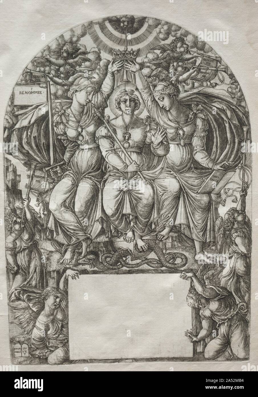 La maestà regale, prima del 1561. Questa stampa è parte di un volume rilegato di opere che illustrano il racconto dell'Apocalisse, preso dall'Apocalisse di san Giovanni nella Bibbia. Il 23 incisioni nella serie occupato l'artista per un certo numero di anni e rappresentano la sua più grande realizzazione artistica. Il museo del volume è uno dei soli sette noti set completo. Jean Piumino è stato uno dei primi grandi printmakers in Francia e uno dei più originali artisti del 1500s. Anche se ha lavorato principalmente nella città provinciale di Langres divenne consapevole dell'arte italiana attraverso la circolazione della stampa Foto Stock