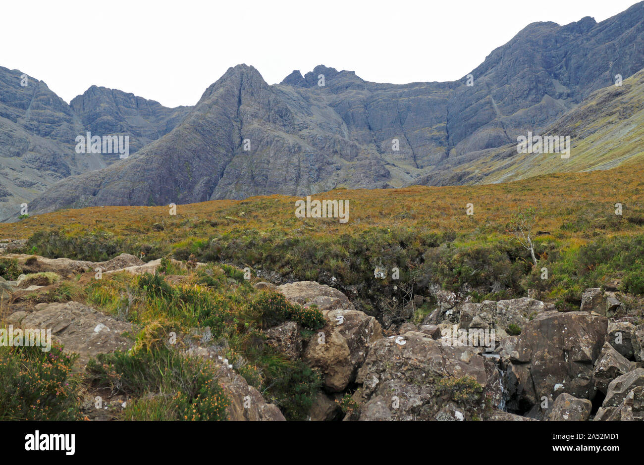 Gola rocciosa che conduce alla fata di piscine con un Sgurr Fheadain nel Cuillin Hills in background sull'Isola di Skye in Scozia, Regno Unito, Europa. Foto Stock