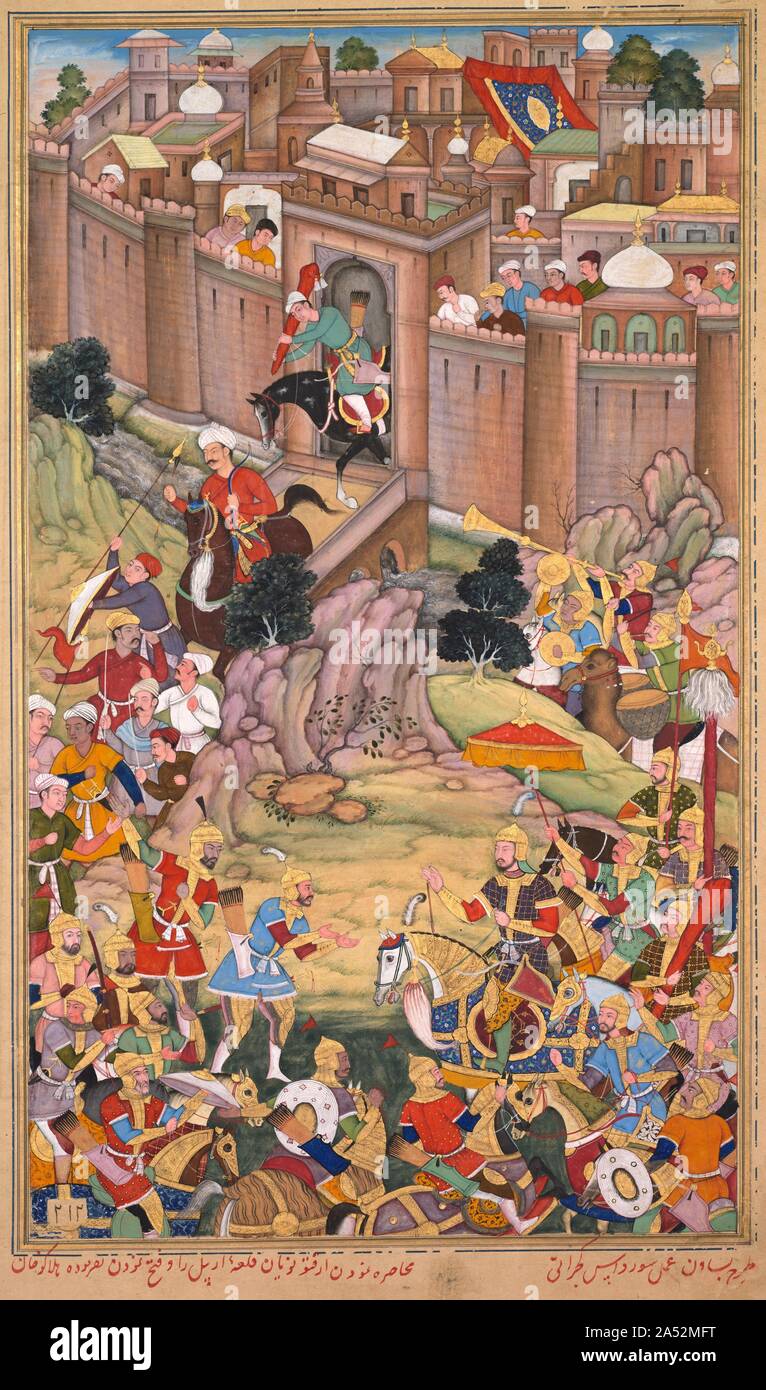 L'assedio di Arbela in epoca di Hulagu Khan, da un Chingiz-nama (Libro di Chingiz khan) di Jami al-tavarikh (Compendio delle cronache) di Rashid al-Din (Persiano,1247-1318), c. 1596. Akbar, il terzo imperatore Mughal dell'India, ha commissionato una copia illustrata del Chingiz-nama, un testo storico scritto in persiano durante i primi anni del 1300 da uno studioso ebreo che si è convertito all islam. Il Chingiz-nama è un conto delle conquiste del Akbar&#x2019;s antenati, i mongoli, che sconvolse il continente asiatico dalla Siberia al mar Mediterraneo durante il 1200s. Questa pagina descrive la finale Foto Stock
