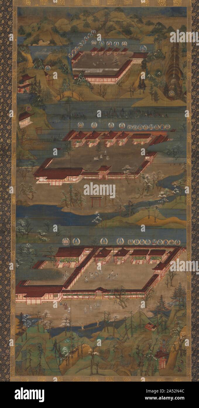 I tre sacri santuari a Kumano: Kumano Mandala, c. 1300. Questo è uno dei primi e più importante esempio di un paesaggio mandala buddista dispositivo meditativa. In un unico e strutturato con cautela la pittura, l'artista compresso relativamente distanti santuario siti in un sistema unificato di composizione. Egli ha imposto significato sacro disponendo i siti gerarchicamente e suggerendo una relazione tra la divinità buddista e la divinità locali che hanno preceduto il buddismo&#x2019;s'arrivo in Giappone. Kumano, la regione in cui questi tre distinti santuari risiedono, si trova sulla punta della penisola di Kii a sud dell'attuale Foto Stock