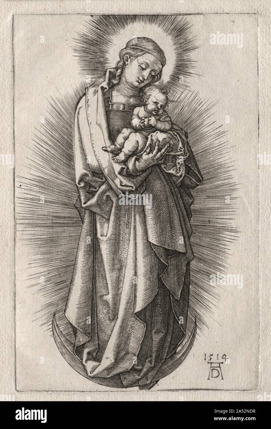 La Vergine con cerchietto per capelli su una falce di luna, 1508.  D&#xfc;rer effettuate quattro incisioni della Vergine con il bambino in  piedi su una mezzaluna. Queste immagini devozionali link la Madonna