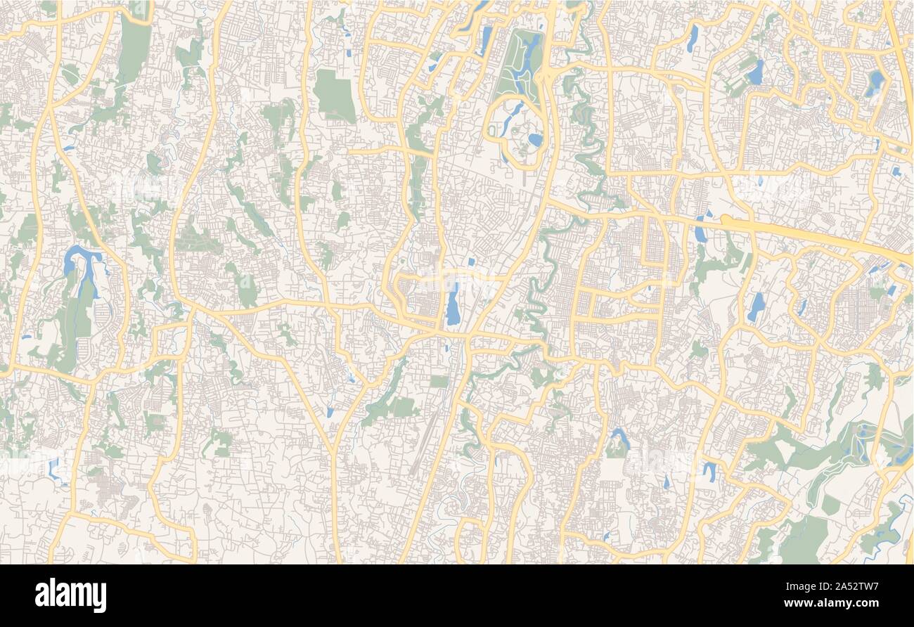Versione stampabile cartina stradale di Depok, nella provincia occidentale di Giava, in Indonesia. Mappa modello per uso aziendale. Illustrazione Vettoriale