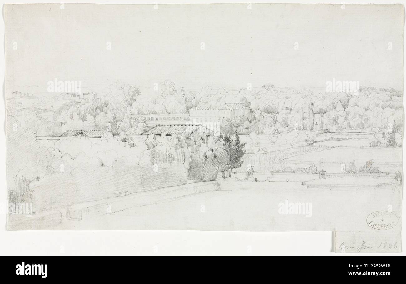 Vista di Villa Borghese e la sua Orangerie dalla Villa Medici, 1826. La Villa Borghese e la sua motivazione era una veduta familiare di artisti francesi perché confina la Villa Medicea che ospitava l'Accademia francese a partire dal 1803. Entrambi questi grand residences erano situati sul Il Il Pincio, uno dei sette colli di Roma. Il termine villa nel titolo si riferisce ad una casa regnante impostato in grandi giardini. Un orangerie è stato un primo tipo di serra usato per ricovero tender piante, in particolare le arance, durante i mesi invernali. Foto Stock