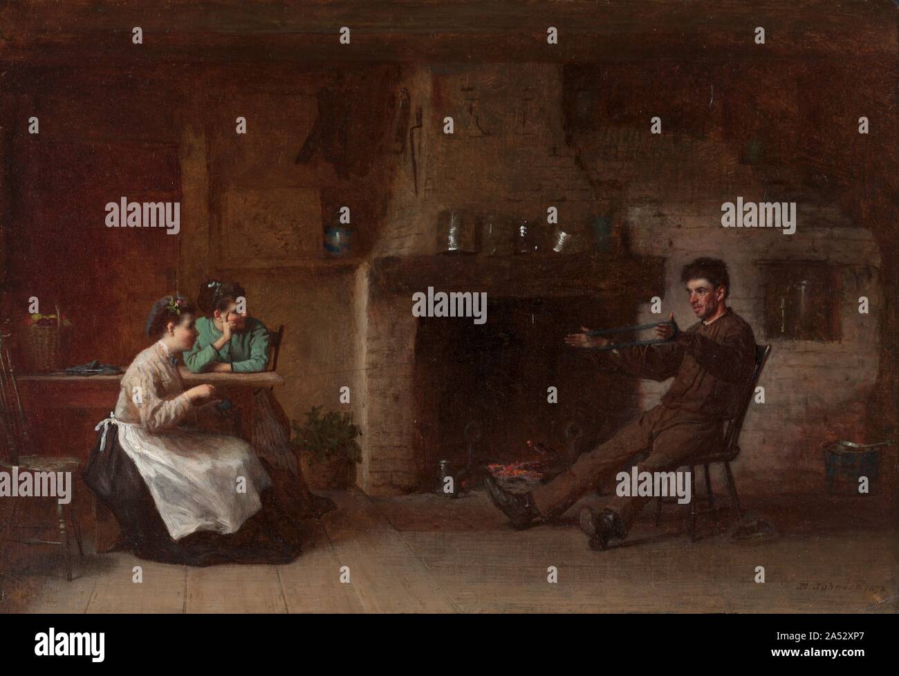 Filo di avvolgimento (interno di Nantucket cucina), 1872. Diversi di Johnson&#x2019;s più acclamate opere erano ispirati da Nantucket Island, Massachusetts, dove egli summered dopo l'acquisizione di proprietà nei primi 1870s. Impostare in una cucina rustica interno, questo dipinto raffigura una donna che avvolge una palla di filo da una bobina avvolta ad anello nelle mani di un uomo seduto di fronte a lei a una distanza rispettabile. Al momento, l'avvolgimento di filato è stato un simbolo comune di corteggiamento che ha trasportato divertente suggestioni di una donna ensnaring suo pretendente. La seconda donna nella composizione è probabile un chaperone. Il pretendente&#x2019;s Foto Stock