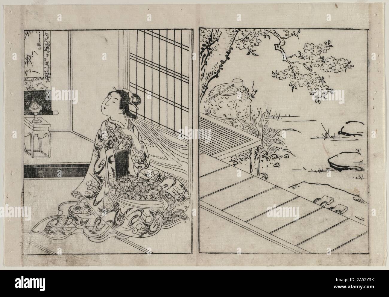 Donna che guarda un aggancio di scorrimento, c. 1740s. Foto Stock