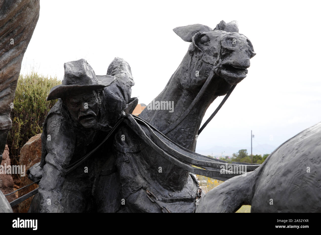 Dettaglio da 'Journey's End", una scultura in bronzo di Reynaldo Rivera, raffigurante un vagone treno arrivando id Santa Fe, NM lungo il Santa Fe Trail. Foto Stock