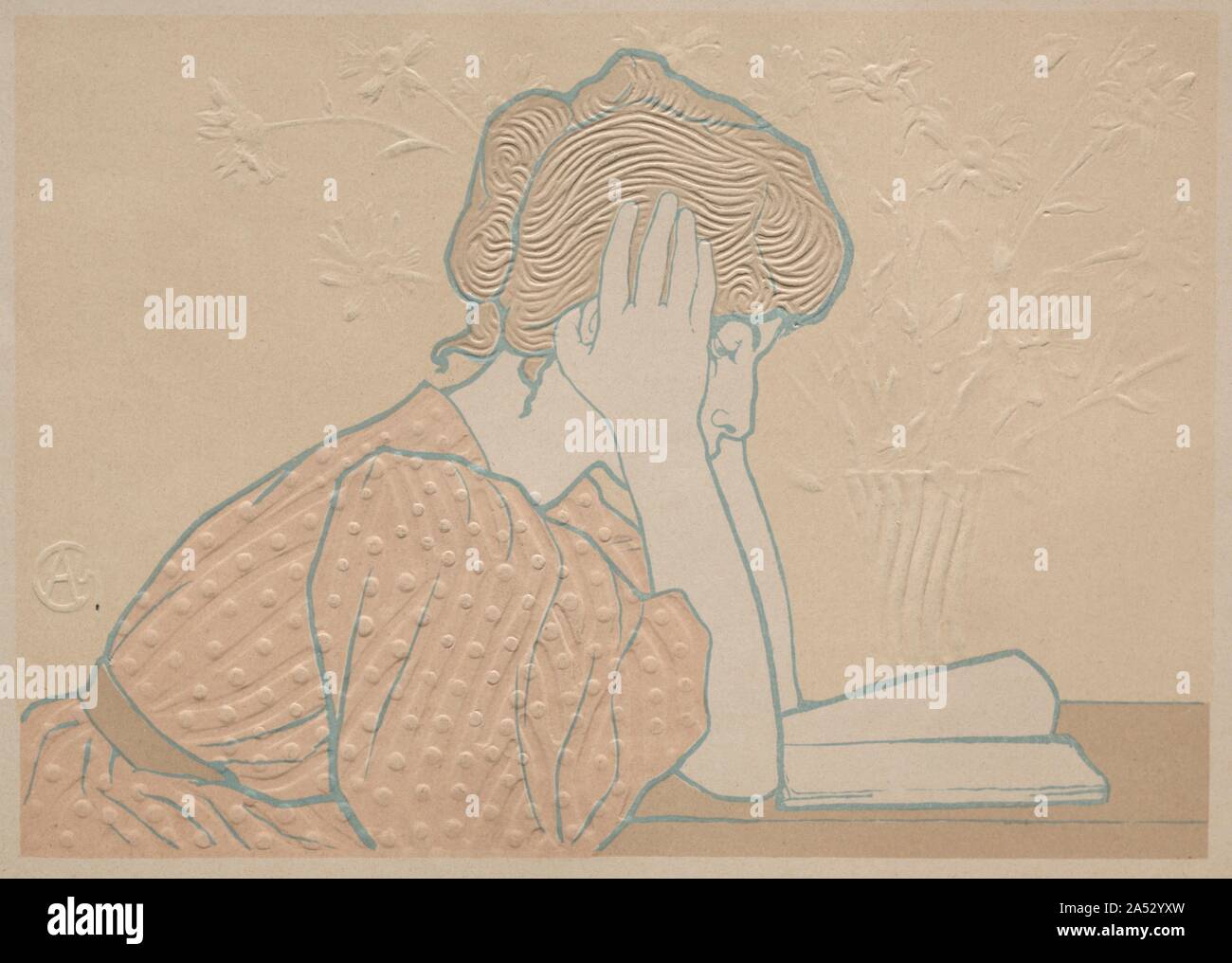 Giovane donna Lettura, 1896. Xilografie giapponesi fornito un precedente per l'utilizzo di goffratura a creare pattern e un effetto tridimensionale su un foglio piatto di carta. Le zone in rilievo aggiungere texture per le onde della donna capelli e il suo vestito. La goffratura è stato anche utilizzato per creare il vaso di fiori appena al di sopra della figura il libro aperto. Foto Stock