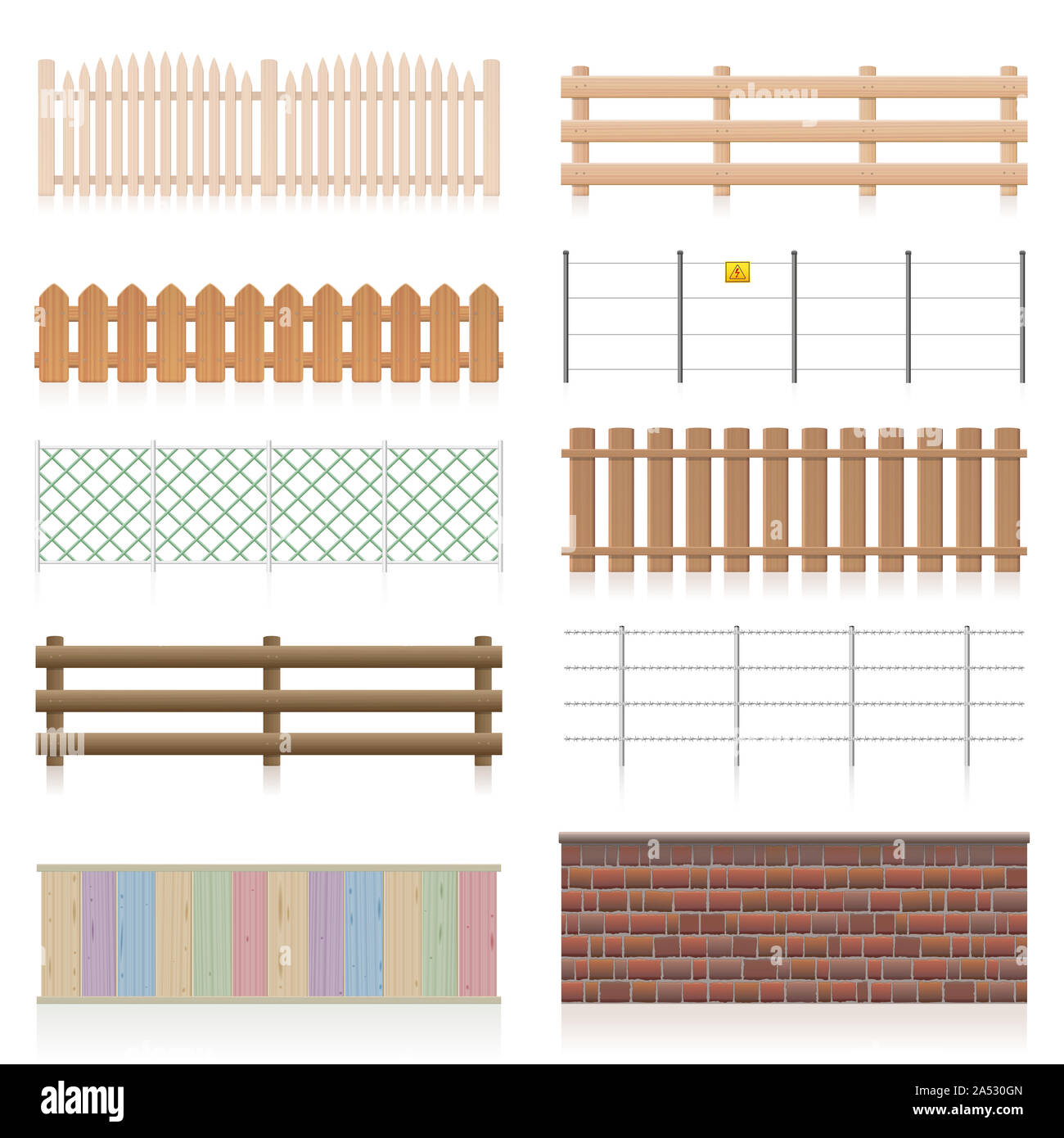 Diversi recinti di legno simili, giardino, elettrica, picket, pascoli, recinto di filo, parete barbwire e altri ringhiere - illustrazione su sfondo bianco. Foto Stock
