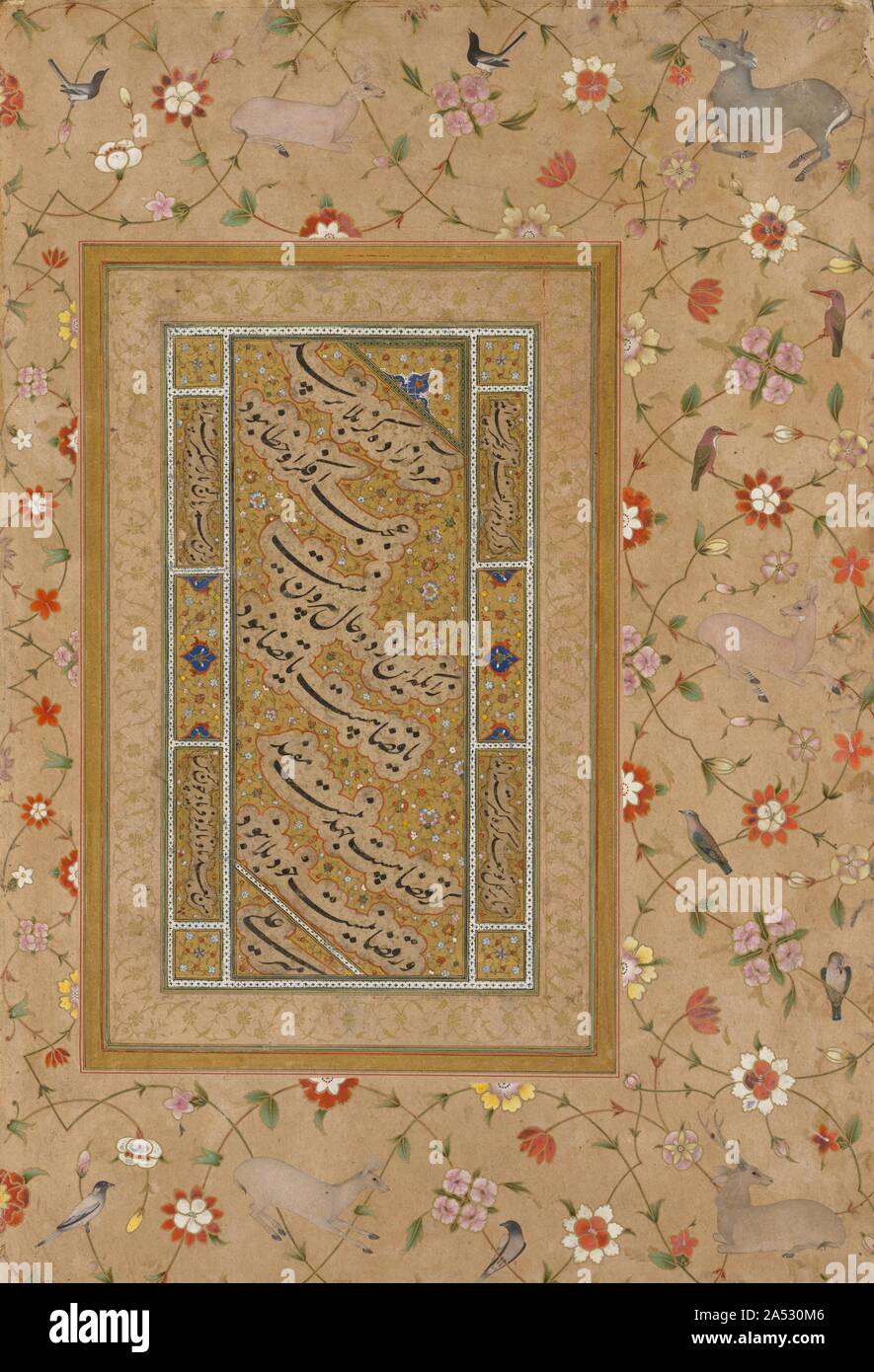Pagina dal tardo Shah Jahan Album: persiano di calligrafia incorniciato da una cornice ornamentale di fiori e uccelli, c. 1500 a 1540. Le opere del celebre calligrafo Mir Ali erano favorite per l'inclusione nel tardo Shah Jahan Album, probabilmente a causa dei suoi collegamenti per la dinastia fondata dal padre Mughals Timur (1336- 1405). Questa pagina di calligrafia era più di cento anni di età quando è stato impostato nell'album imperiale e dato un confine squisitamente resi con scorrimento vitigni floreali recanti gli uccelli e cervi. La preminenza della calligrafia e poesia in album di Mughal è una indicazione di come questi Turk Foto Stock