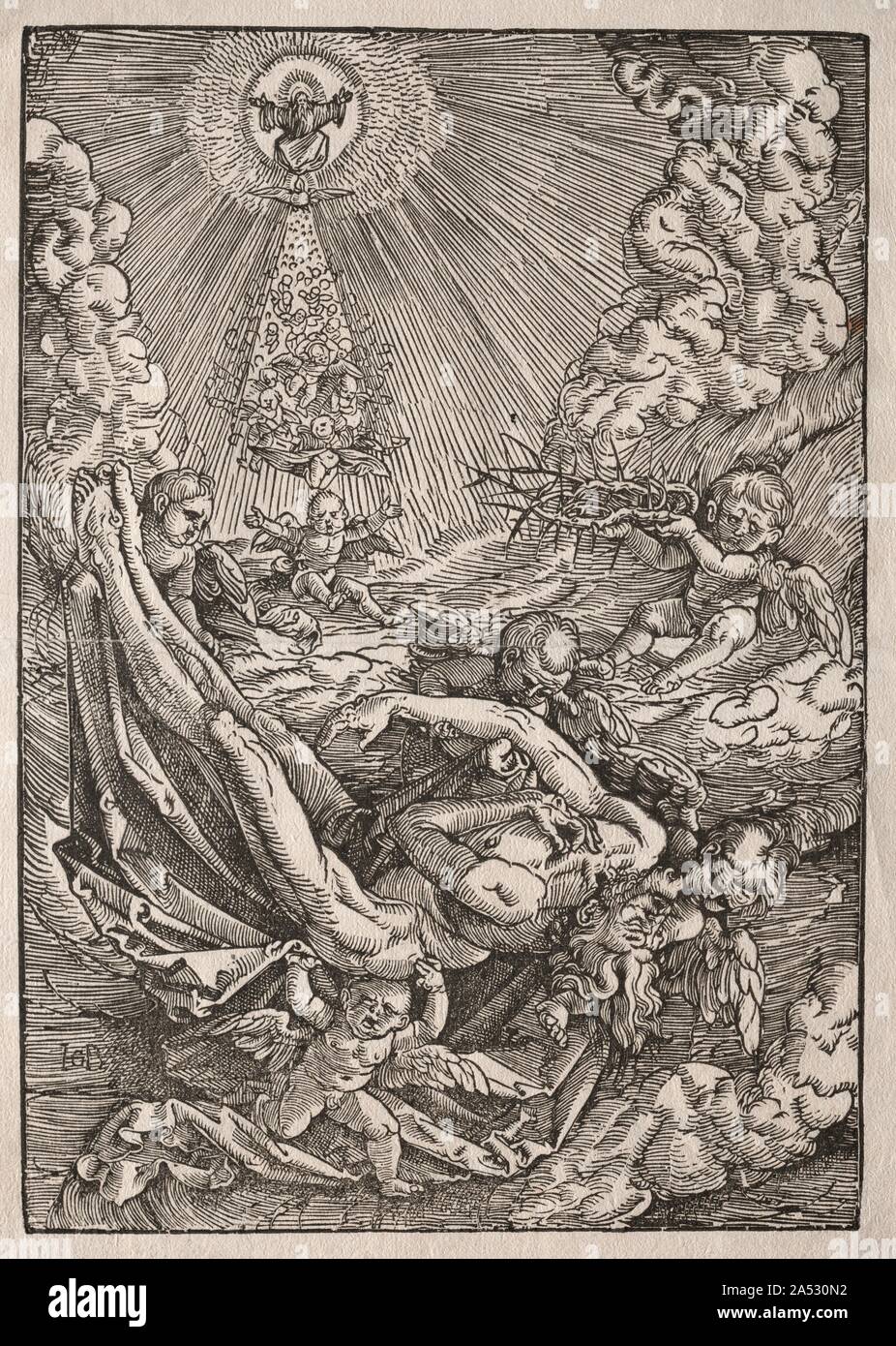 Cristo portato in cielo dagli angeli, c. 1515-1517. Baldung, che visse a Strasburgo, è stato Albrecht D&#xfc;rer più talentuoso allievo. Un artista originale, ha prodotto circa 550 xilografie. L origine del suo soprannome, Grien, al quale il G nel suo monogramma si riferisce, è chiaro. Esso può alludere alla sua predilezione per il colore verde, o può derivare da Grienhans, significato diavolo (fantasie demoniaca appaiono in alcune delle opere dell'artista). Baldung spesso evitato composizioni convenzionali in favore di una innovativa rappresentazione della maggior pathos e dramma. Sebbene un Cristo vivente per lungo tempo aveva dimostrato ascend Foto Stock