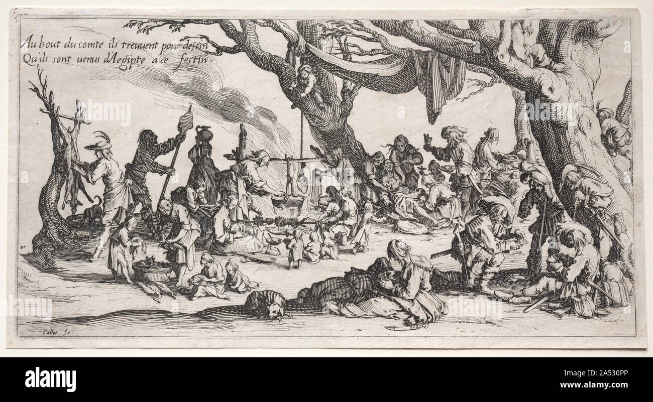 Il bohémien: il luogo di sosta: Festa della boemi, c.1621-1625. Jacques Callot, una magistrale disegnatore, trascorse la maggior parte della sua vita presso le corti ducali di Toscana e Lorena, dove ha prodotto stampe a registrare le feste e spettacoli teatrali. Egli ha anche eseguito soggetti religiosi e scene che riflettono molti aspetti della vita quotidiana guerra inclusa, pervasive in Europa del XVII secolo. Quando si ritorna in Francia dall' Italia, Callot vide probabilmente bande di sradicate uomini, donne e bambini, una visione comune che divenne oggetto della boemi . Egli ha ideato questi quattro stampe come Foto Stock