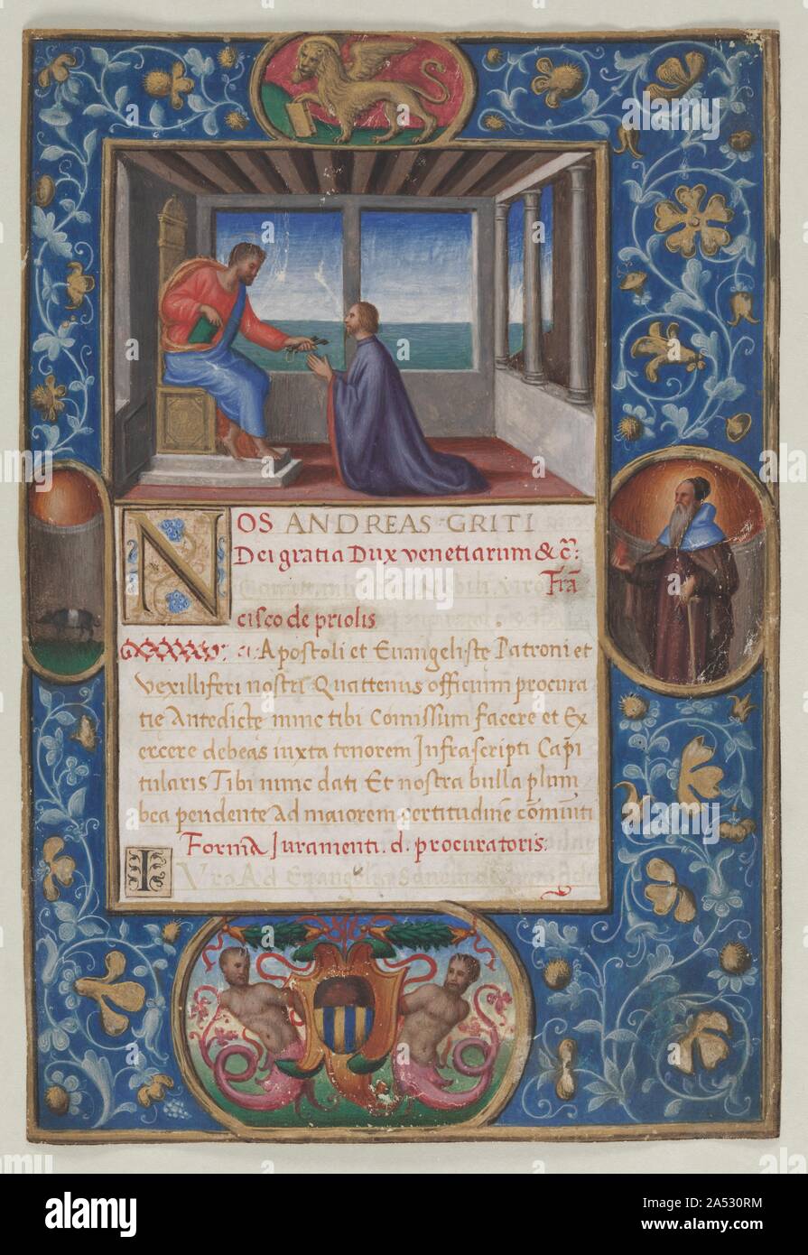 Foglie da una commissione: San Marco dando le chiavi di Venezia a Francesco de Priuli, c. 1523-1524. La miniatura mostra la intronizzata la figura di San Marco, santo patrono di Venezia, presentando le chiavi simbolo di Venezia all'inginocchiarsi la figura di Francesco de Priuli al momento della sua nomina come procuratore di San Marco. Sotto la miniatura sono dodici linee di testo, l'apertura di un ducale rilasciato dal Doge Andrea Gritti (1523-38) annunciando de Priuli appuntamento che è stato fatto nei primi 1520s. Il testo inizia, nn. Andreas Griti, Dei gratia Dux venetiarum (il nostro Andrea Gritti, con la grazia di Dio Foto Stock