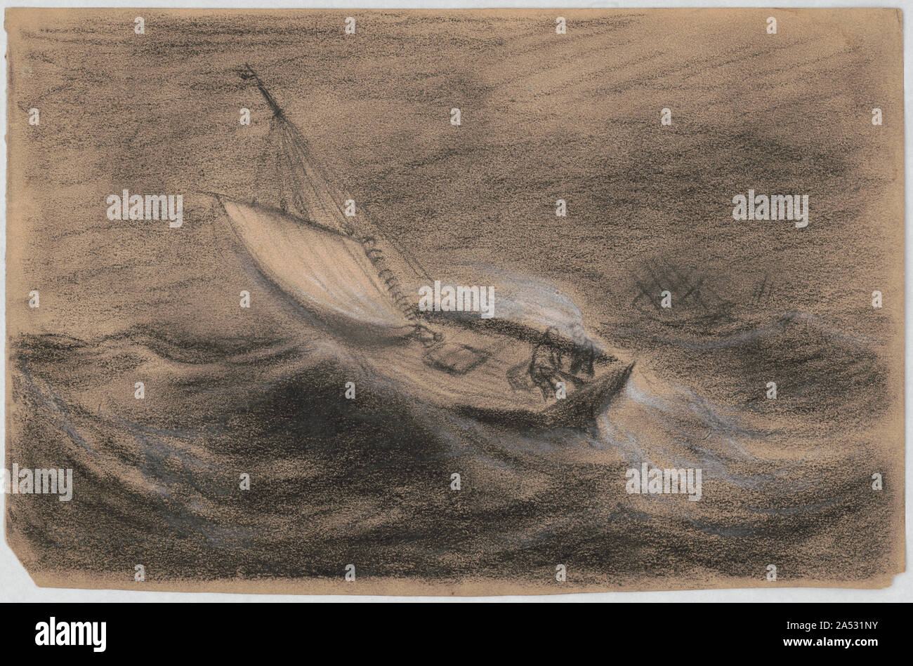 Due uomini in una piccola barca a vela sul mare mosso Foto Stock