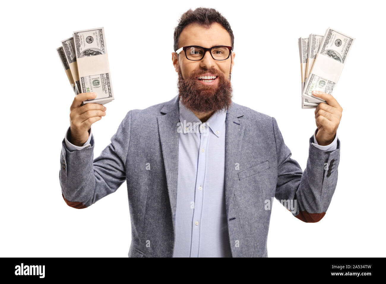 Felice l'uomo barbuto detenere fondi isolati su sfondo bianco Foto Stock