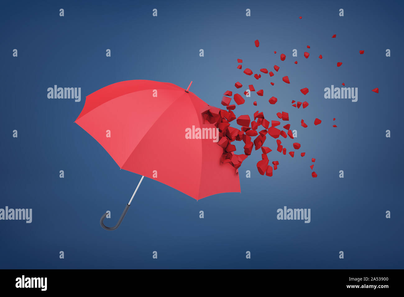 3D rendering di ombrellone rosso fracassando su sfondo blu Foto Stock