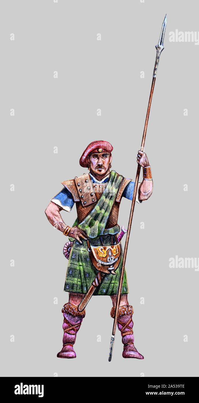 Un coraggioso highlander. Il guerriero scozzese disegno. Fantasy figura. Foto Stock