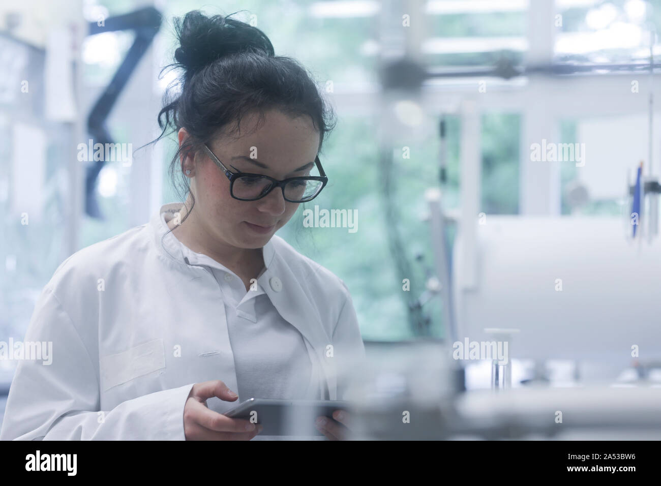 Ai giovani scienziati con la compressa in un laboratorio Foto Stock