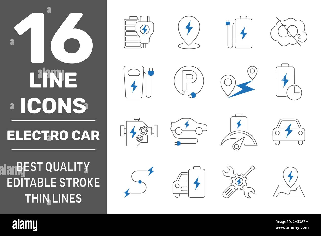 Semplice insieme di elettro auto vettore correlati le icone della linea. Contiene le icone come stazione caricabatterie, distanza percorsa, batteria della vettura e di più. Corsa modificabile Illustrazione Vettoriale