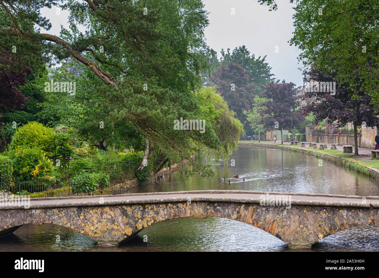 Passerella di pietra attraverso il Fiume Windrush a Bourton-on-the-acqua, anche conosciuta come la Venezia del Cotswolds - Gloucestershire - Inghilterra - UK Foto Stock