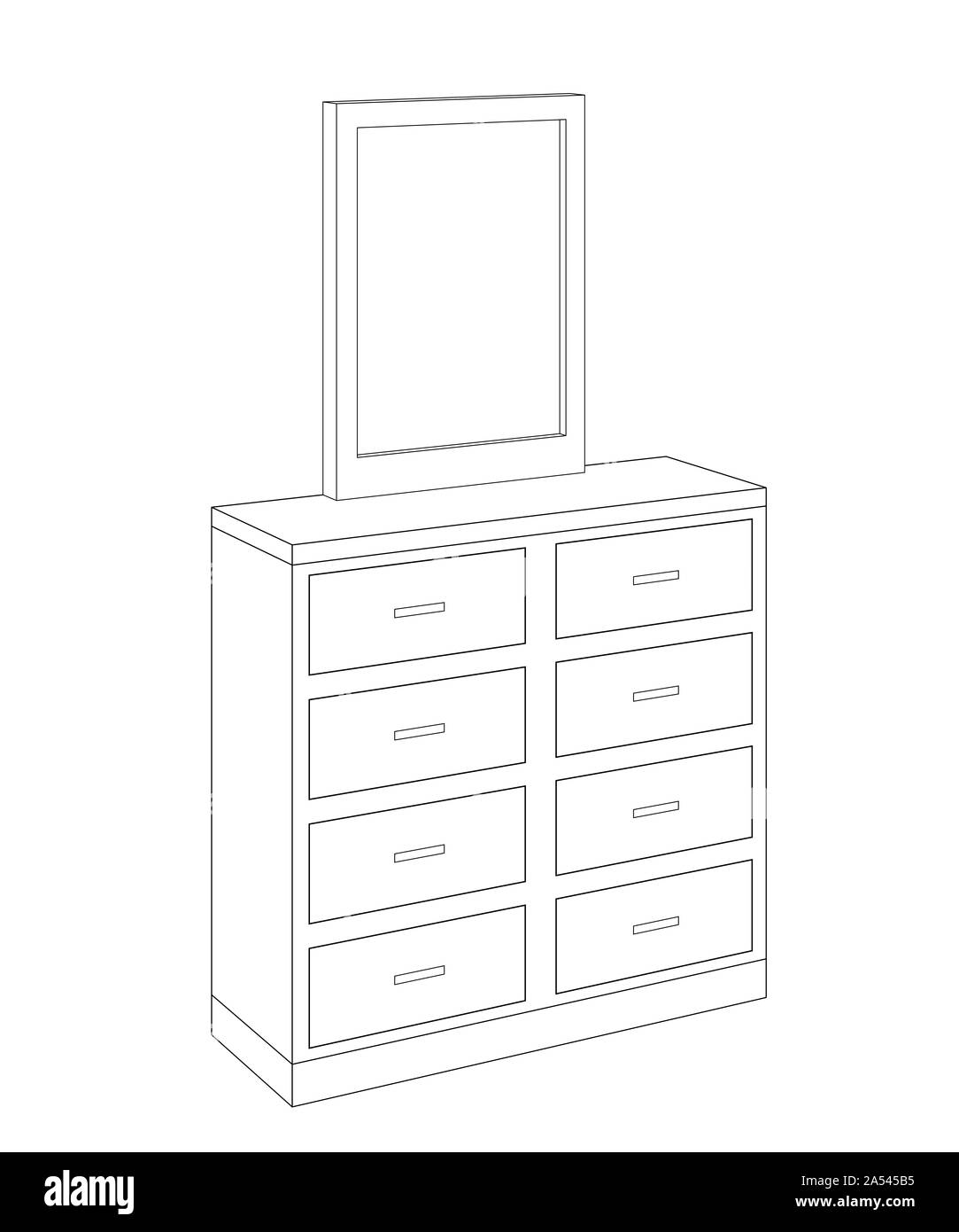 comò con specchio sulla parte superiore, disegno di linea vista prospettica 3d isolato su bianco Foto Stock