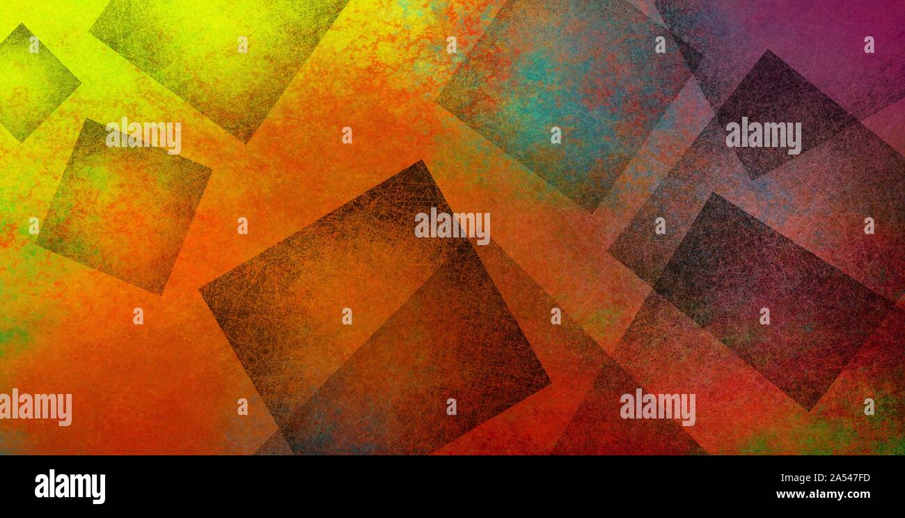 Colorato abstract background moderno con texture in nero geometrica quadrata stratificata in artistico creative design pattern in arancio luminoso rosso giallo Foto Stock