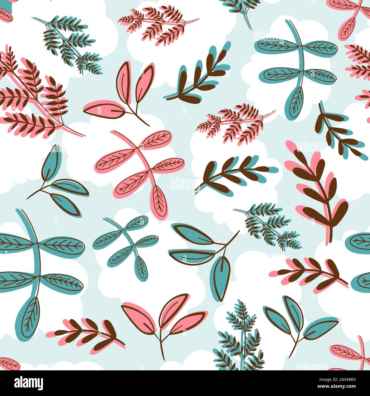Modello senza giunture di una varietà di blu, teal e rosso corallo rami, foglie e rametti su sfondo azzurro con il cloud silhouette. Ideale per Illustrazione Vettoriale