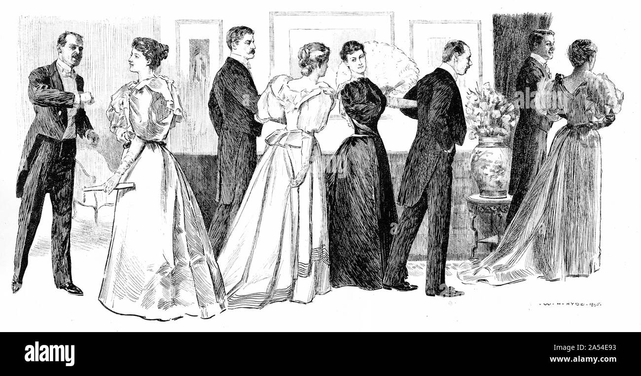 Incisione di quattro ben vestito le coppie la voce off per la sala da pranzo. Da Harper's magazine 1895 Foto Stock