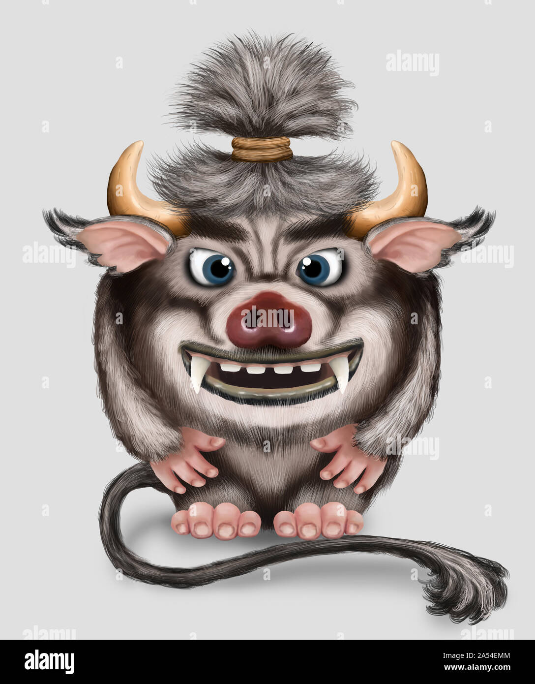 Imp. Mostro divertente con coda di corna e serpente di maiale. Piccolo demone con denti grandi. Personaggio fantasy. Foto Stock
