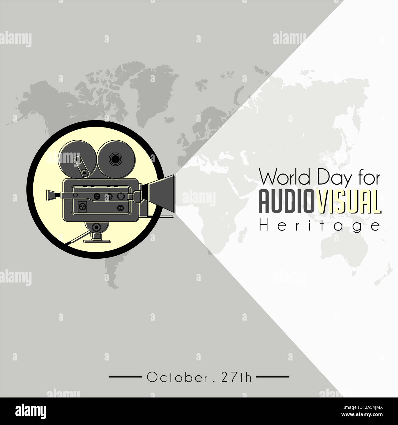 Giornata mondiale per l'audio patrimonio audiovisivo con Classic Vintage videocamera (vecchio filmato telecamera) vettore icona e il mondo sullo sfondo della mappa Foto Stock